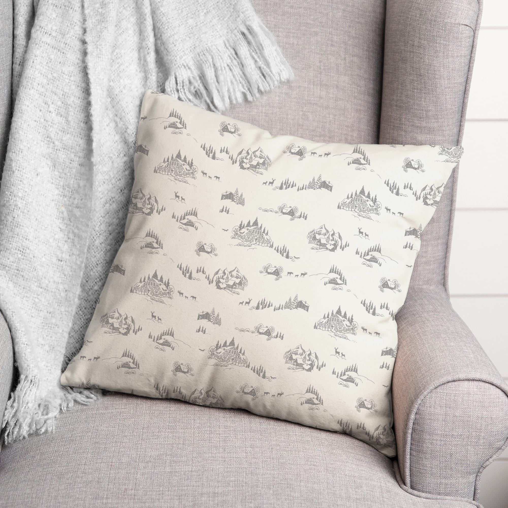 Snowy Town 18x18 Throw Pillow